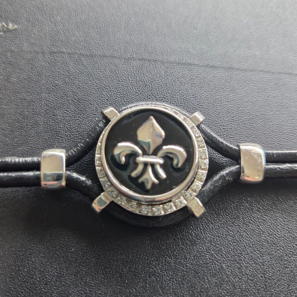 Ginger Snaps Black Leather Bracelet Rhinestone Floral Snap Adjustable